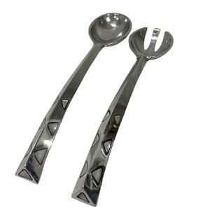 Artisan Silver Serving Fork & Spoon Set White Stone Shell Inlay Made in India